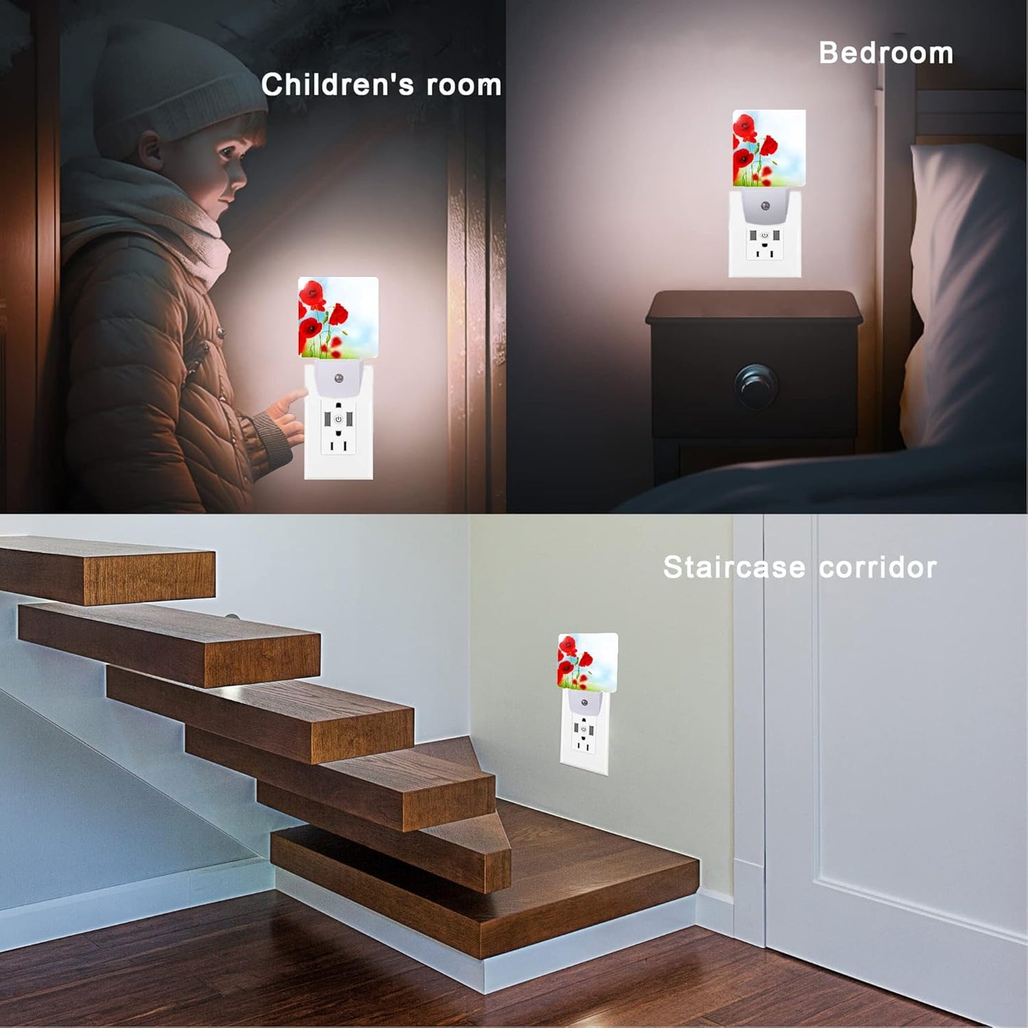 Red Poppy Flower Night Light,Plug into Wall Night Lights 0.5W Sleep Friendly for Boys Girls Led Night Light Dusk to Dawn Sensor Nightlight for Stairway/Hallway/Kitchen