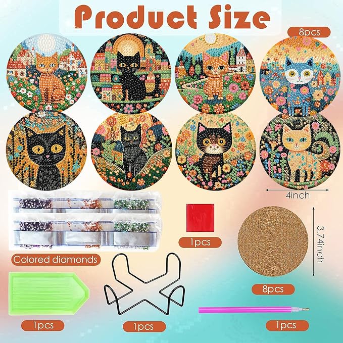 ijbnhd 8 PCS Diamond Art Coasters Kit Cat Diamond Painting Coasters | Cat
