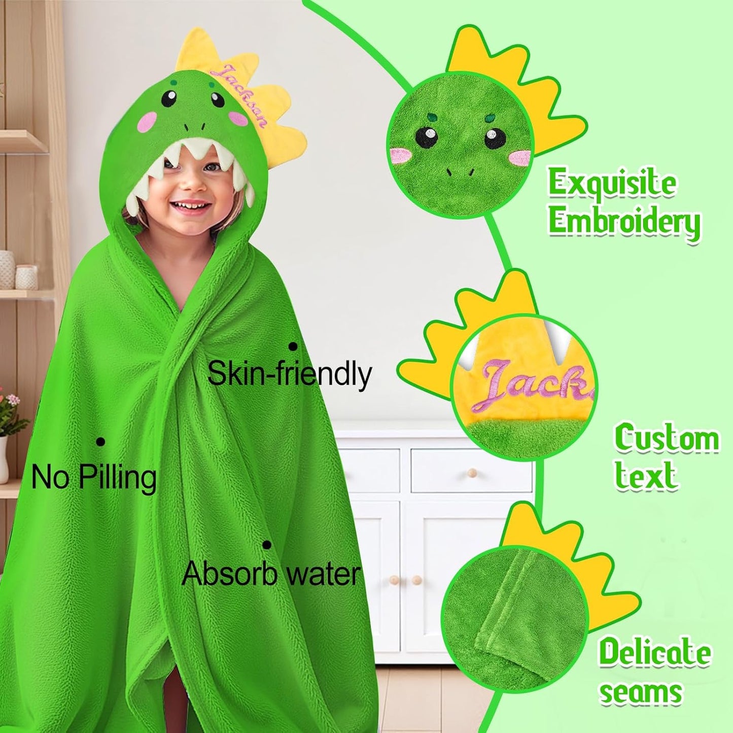 Custom Hooded Bath Towel with Name, Personalized Highly Absorbent Bunny Towels, Baby Bath Towels for Girls Boys, Brithday for Baby, Toddler, Newborn (Green-Dinosaurs)
