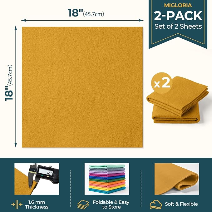 Felt Fabric Sheet 18 x 18 Inch, 1.6mm Thick | Soft and Flexible Nonwoven