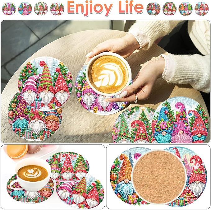 ijbnhd 8 PCS Christmas Diamond Painting Coasters | Christmas Gnome Diamond Art