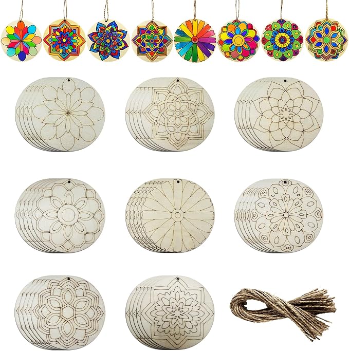40Pcs DIY Unfinished Mandala Painting Wood Craft Wooden Chips Coloring