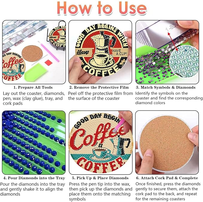 Benjenes 8 PCS Coffee Diamond Art Coasters Kits | Diamond Paintings Coasters