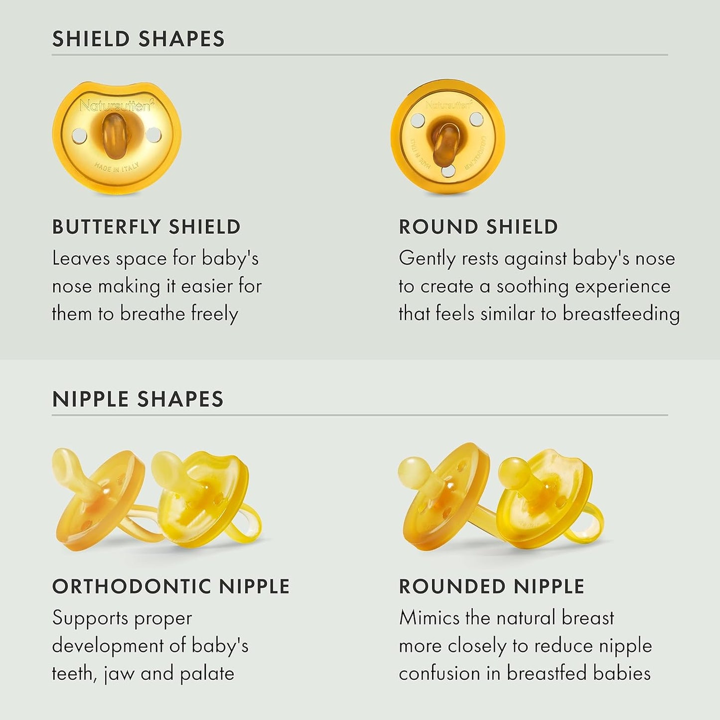 Natursutten Pacifiers 0-6 Months - 2-Pack Butterfly Shield Orthodontic Nipple Natural Rubber Safe & Soft BPA-Free Pacifier for Breastfeeding Babies - Newborn Pacifiers Made in Italy