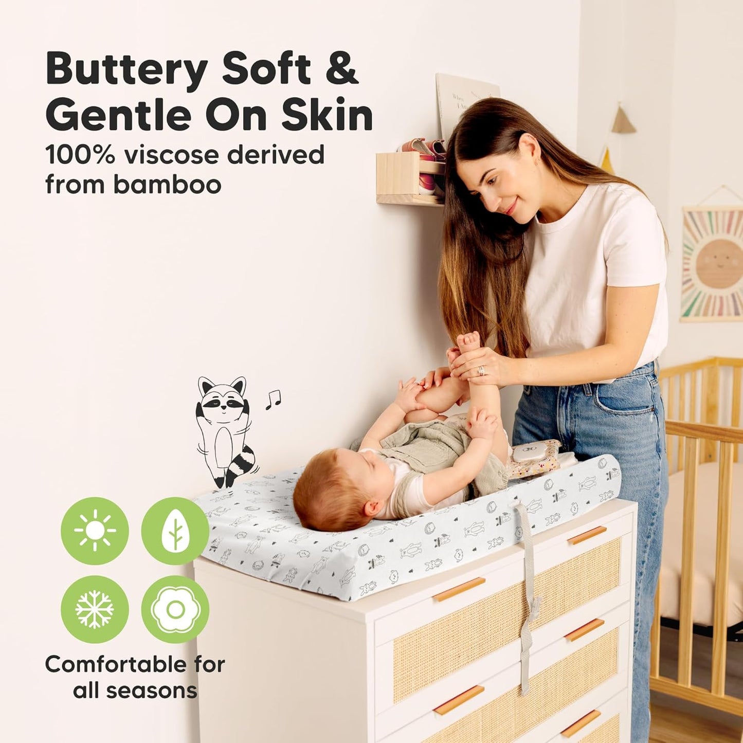 2-Pack Baby Changing Pad Cover for Girl, Boy - 32x16 Soft Viscose Derived from Bamboo Baby Diaper Changing Table Pad Cover Sheets, Neutral, Snug Fit Nursery Diaper Change Sheets (Woodland)