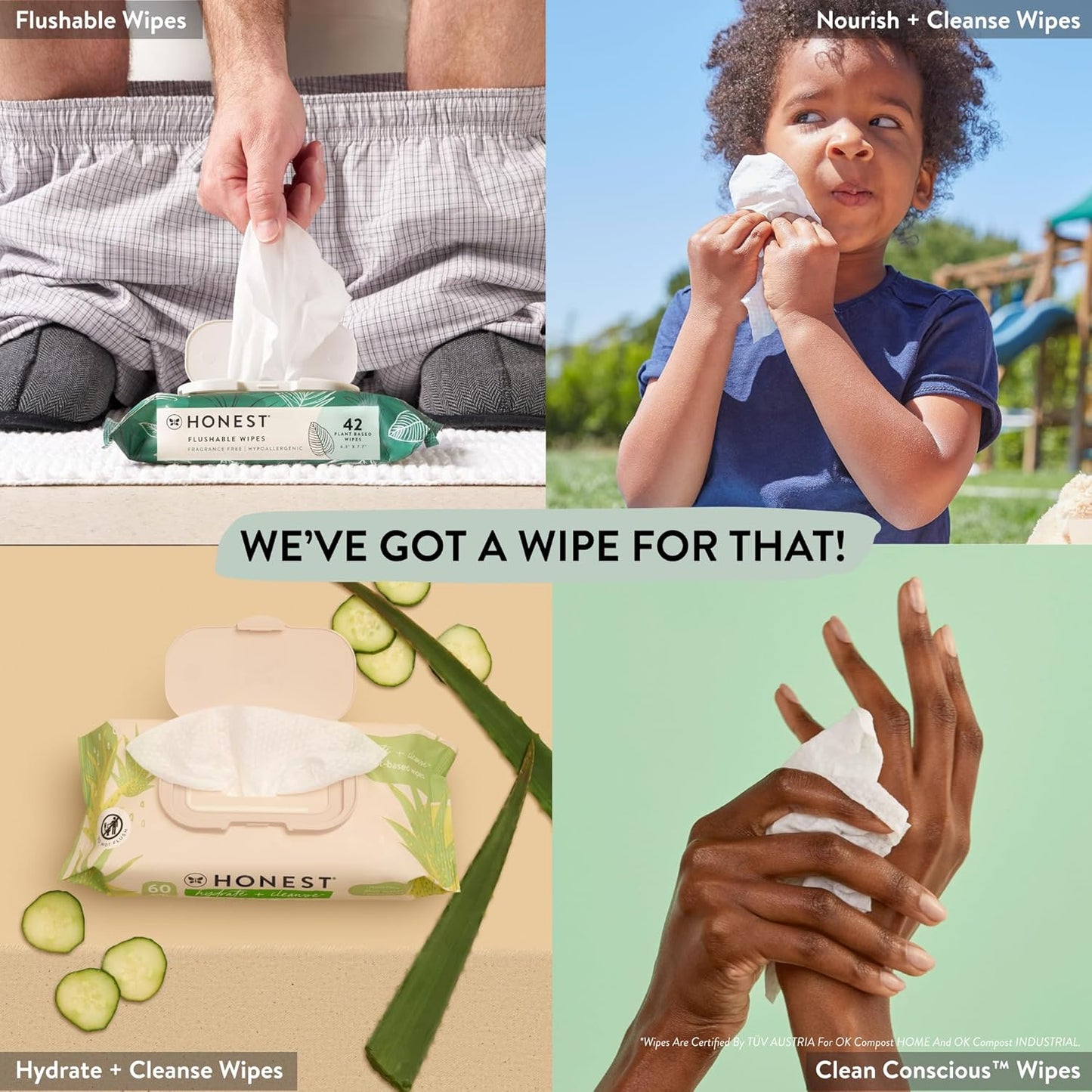 The Honest Company Clean Conscious Multi-Use Wipes | Hypoallergenic + Unscented for Sensitive Skin | Over 99% Water, Compostable, Plant Based, Baby Wipes | Geo Mood, 60 Count