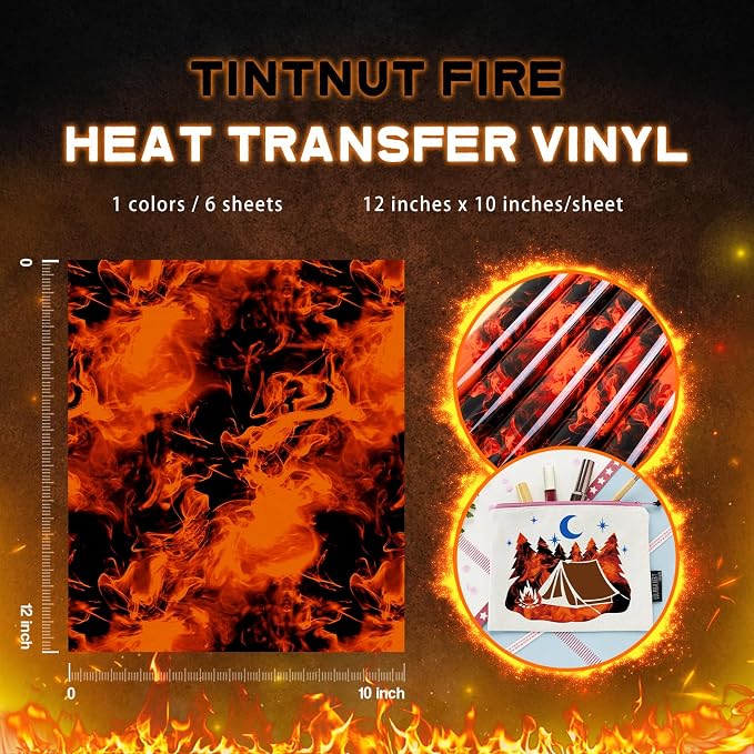 Tintnut Orange Black Flame Heat Transfer Vinyl, stretch washable, suitable
