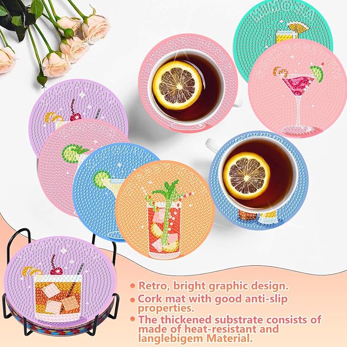 Benjenes 8 PCS Diamond Art Coasters Kits Cocktail Diamond Painting Coaster |