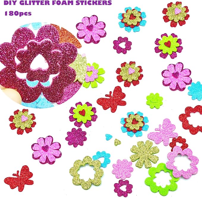 180PCS Glitter Foam Flower Stickers, Spring Theme Puffy Shapes |