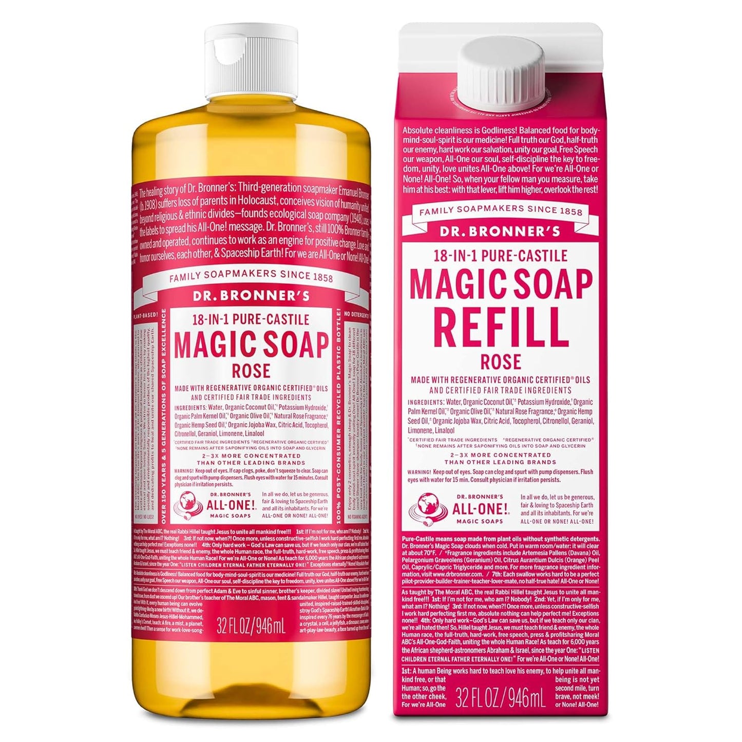 Dr. Bronner's Pure-Castile Magic Soap Liquid- Made with Regenerative Organic Certified Oils- For Body, Face, Hair, Dishes, Laundry, Vegan Bath Soaps for Men & Women, Non-GMO - Rose, 32oz + Refill