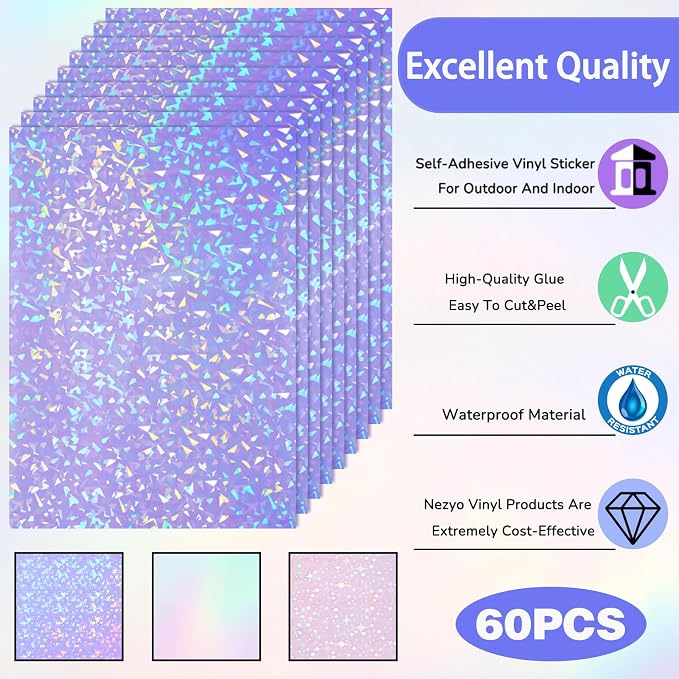 Nezyo 60 Sheet Holographic Laminate Sheet Clear Glitter A4 Size Vinyl Sticker