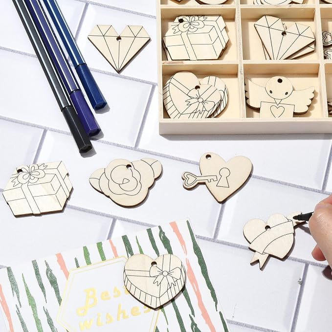 54 pcs Mixed Styles Wedding Theme Unfinished Wooden Cutout Charms Ring Heart