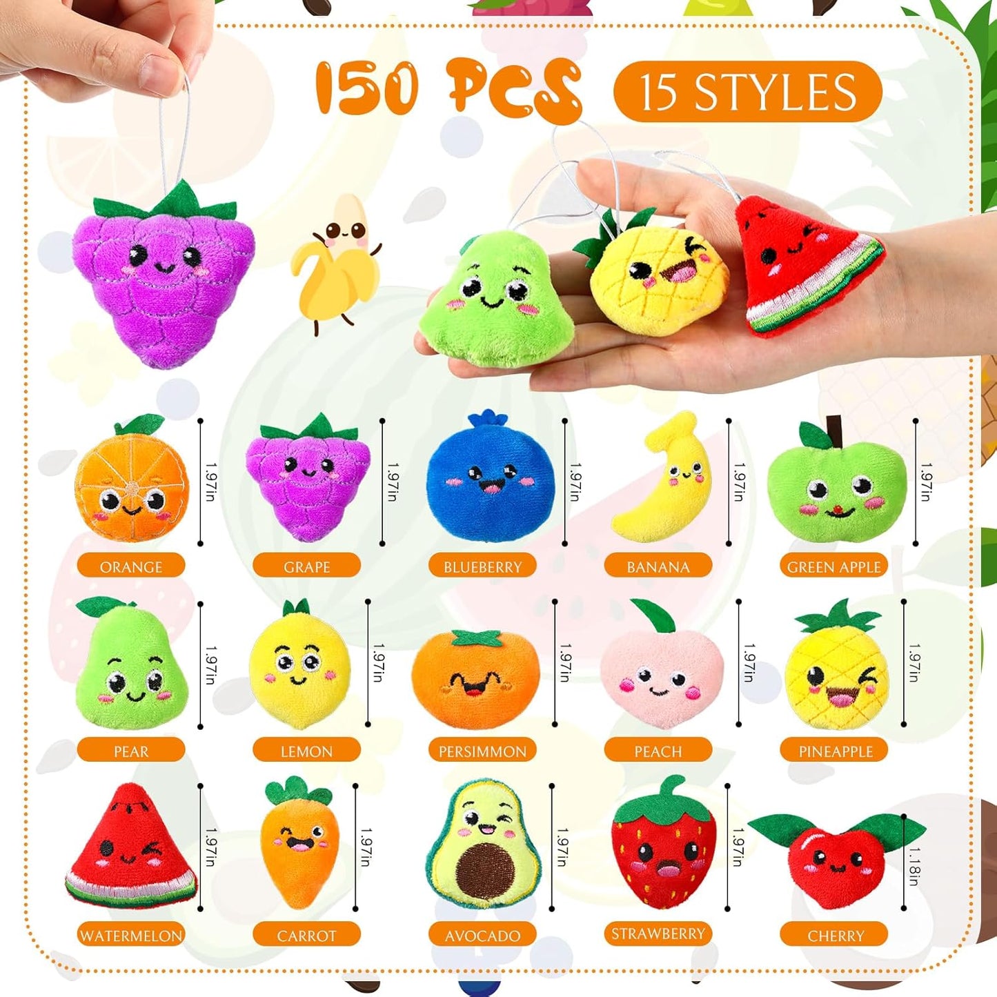 Libima 150 Pcs Mini Stuffed Animals Sea Animal Fruit Plush Keychain Set for Carnival Birthday Classroom Prizes Decoration for Clothes (Fruit)