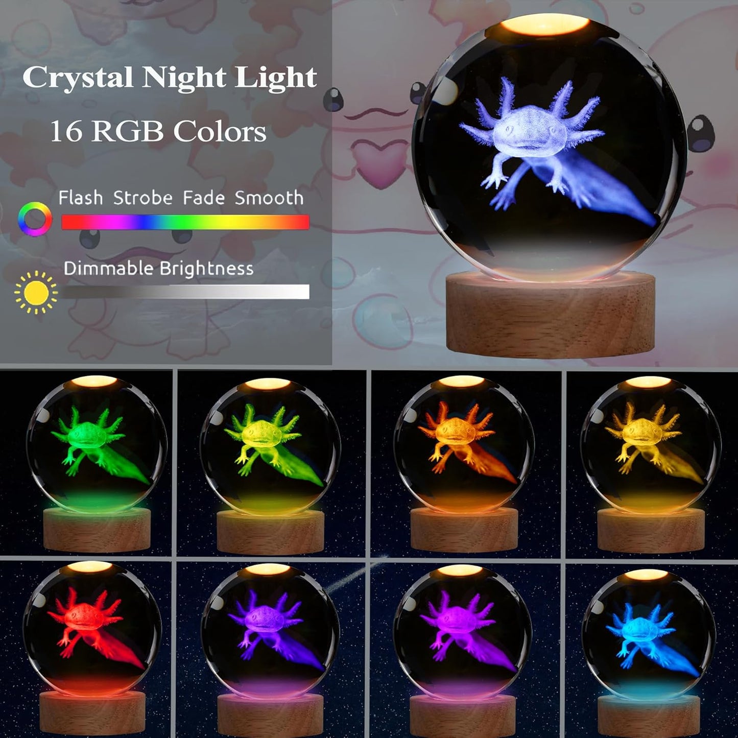 Axolotl Night Light with Upgraded 3.15 Inch 3D K9 Crystal Ball, Axolotl Lamp with Remote 16 Color Gifting Box for Birthday Xmas Cool Axolotl Figurines Gifts for Room Decor Boys Girls