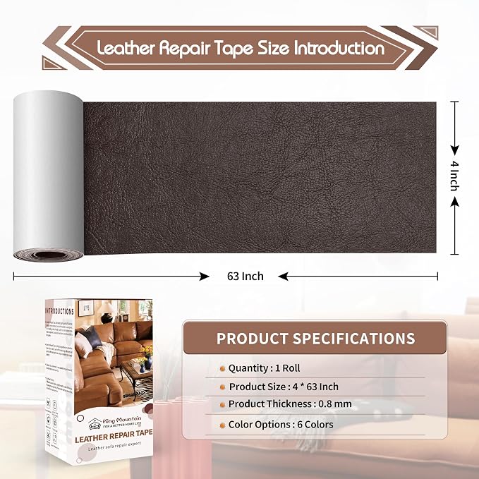 KING MOUNTAIN Leather Repair Patch, 4 x 63 Inches self Adhesive Leather Repair