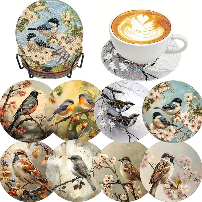 Clendo 8 PCS Bird Diamond Art Coaster Kits