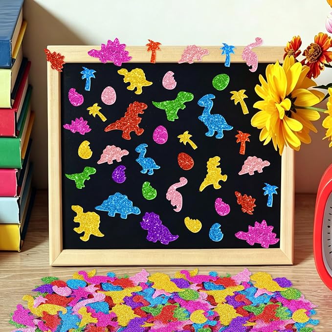 681 Pcs Glitter Foam Stickers, Dinosaur Shapes Stickers, 7 Sheets Colorful 3D