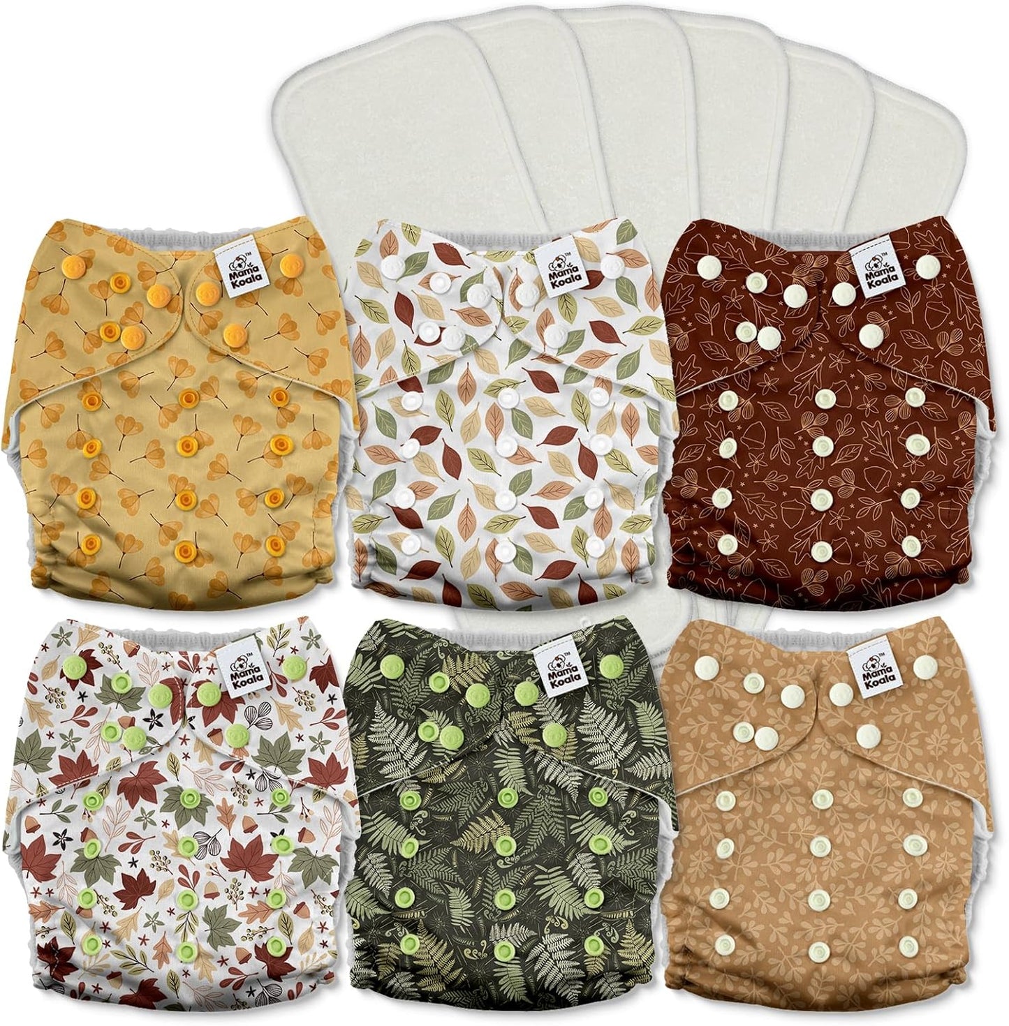 Mama Koala 3.0 Pocket Cloth Diapers for Babies with AWJ Lining, 6 Pack with 6 5-Layer Natural Cloth Diaper Inserts - Reusable and Washable Pocket Diapers(A-Falling Leaves)