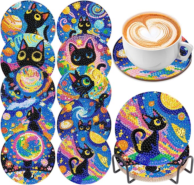 10 PCS Black Cat Diamond Art Coasters Kit
