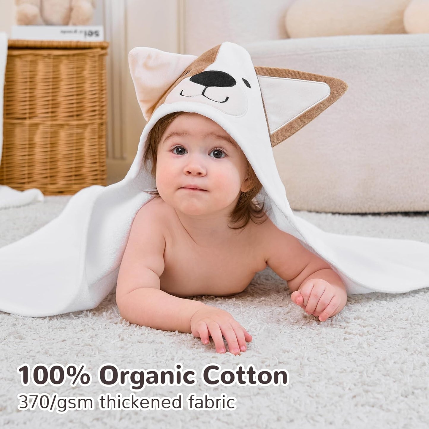 Viviland Hooded Baby Towels, Soft 100% Cotton Baby Bath Towels with Hood, Extra Thick and Absorbent, Essential for Newborns, Kids, Infants - Girls and Boys (Dog)