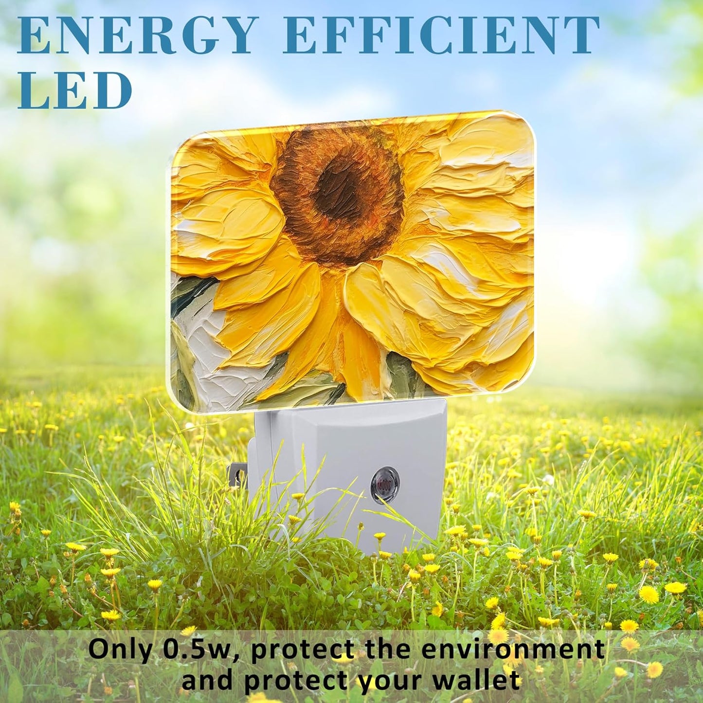Sunflower Oil Painting Night Light Plug into Wall, Sunflower Night Light with Dusk to Dawn Sensor for Kid Girls Boys Women Men Bedroom, Hallway, Kitchen, Bathroom, Stairs Decor