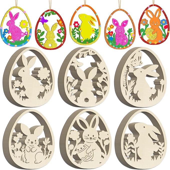 36PCS Wooden Easter Ornaments to Paint, 6 Styles DIY Blank Unfinished Wood Egg