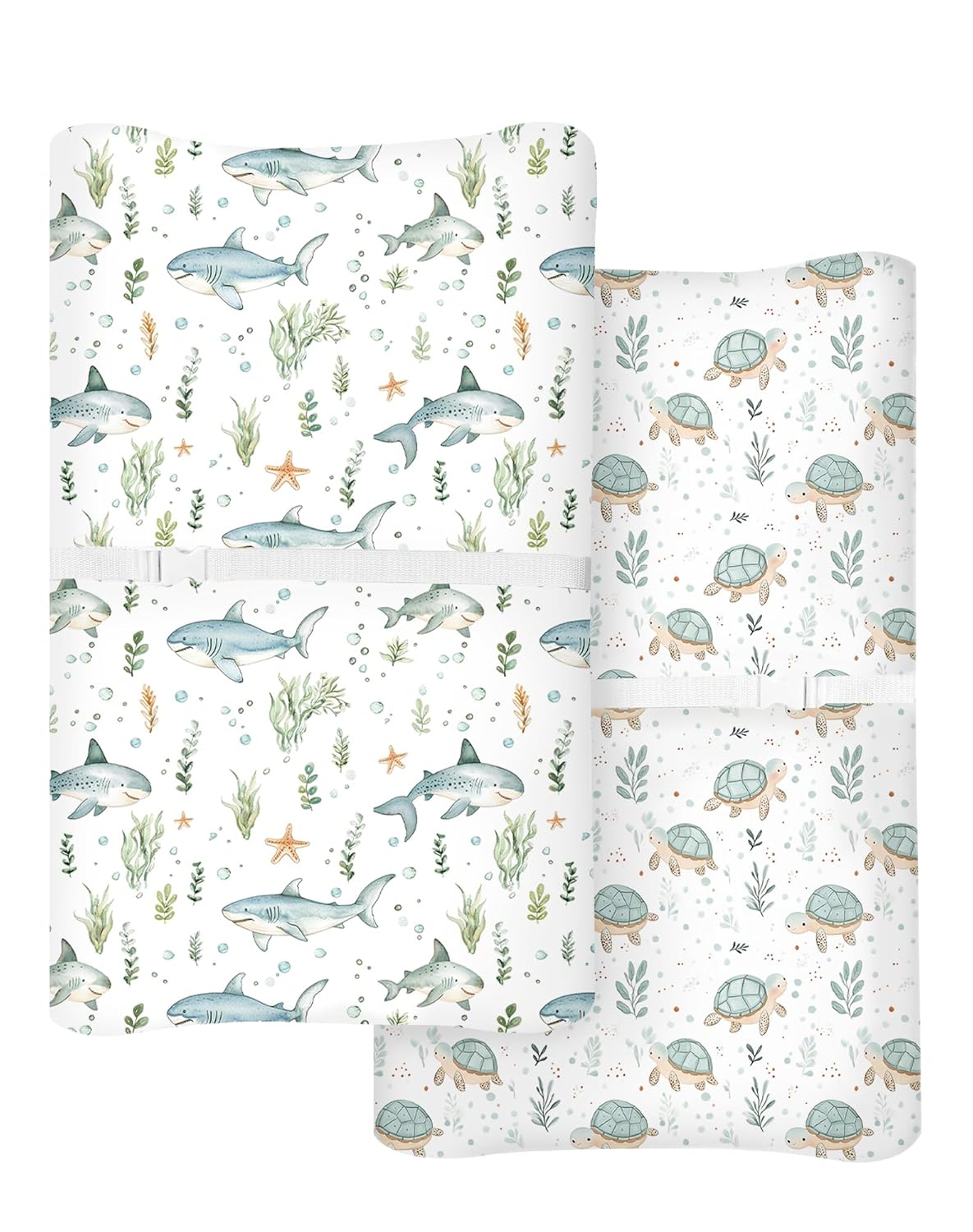 Changing Pad Cover for Baby Boys Girls 2 Pack, Fits Standard 32”×16” Changing Table Pads, Silky Breathable Stretch Knit, Machine Washable (Turtle & Shark)