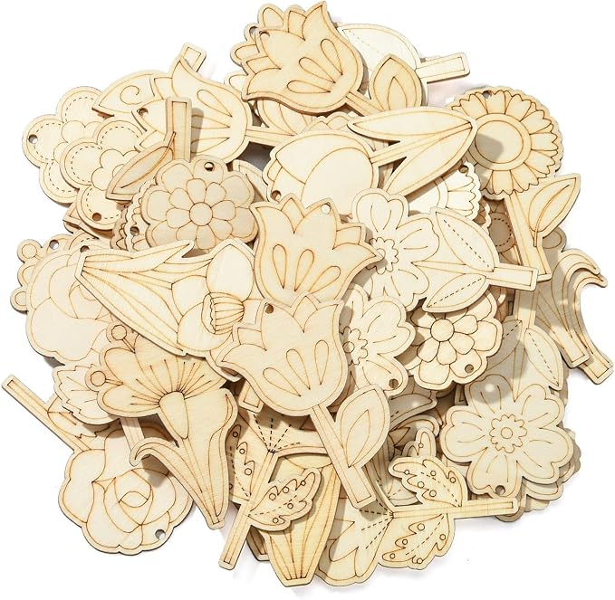 48 Pcs Unfinished Wood Flower Cutouts