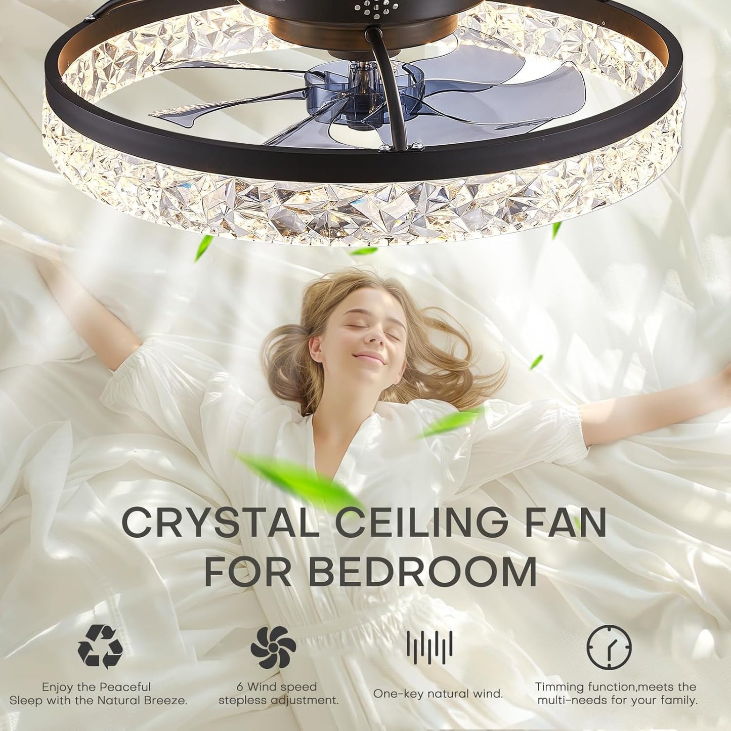 STERREN 19.7'' Crystal Ceiling Fan with Light, Modern Low Profile Ceiling Fans with Remote Control, Dimmable Flush Mount LED Fandelier for Living Room, Bedroom, Home Office, Kitchen, Black
