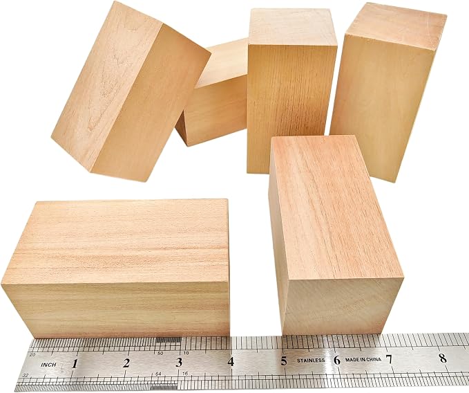 6Pcs Unfinished Basswood Blocks-2x2x4 Inch Rectangular Linden Wood Blocks
