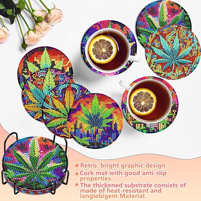 8 PCS Leaves Diamond Art Coasters Kits Diamond Painting Coaster | Diamond
