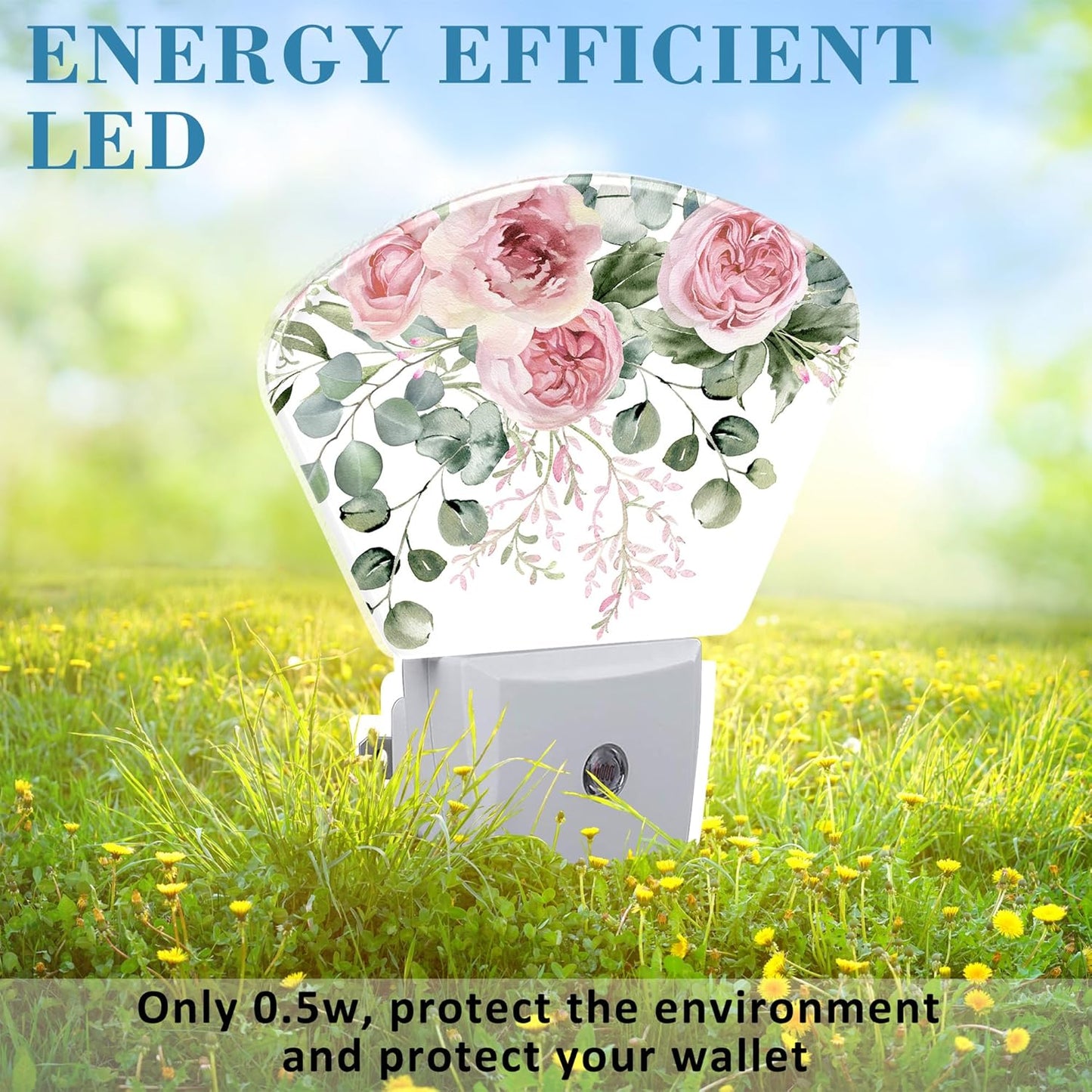 Pink Flowers Plug in Night Lights, Eucalyptus Greenery Nightlight Plug Into Wall Dusk to Dawn Sensor for Kid Girls Boys Women Men Bedroom, Hallway, Kitchen, Bathroom, Stairs Decor