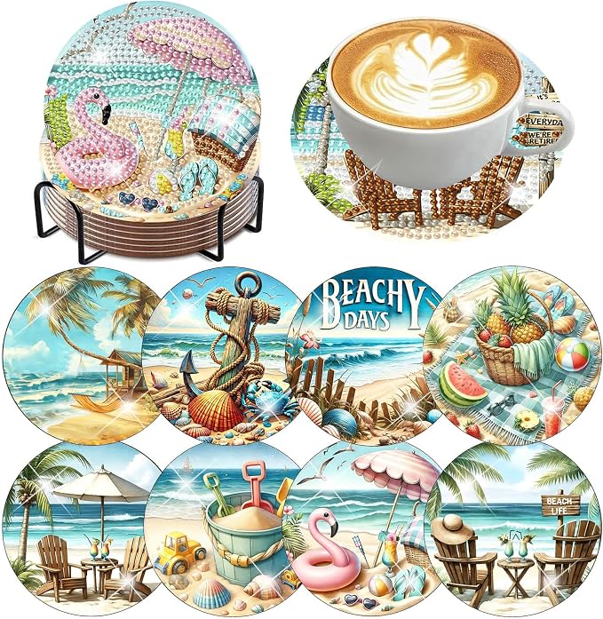 Benjenes 8 PCS Diamond Art Coasters Kits Beach Diamond Painting Coaster |