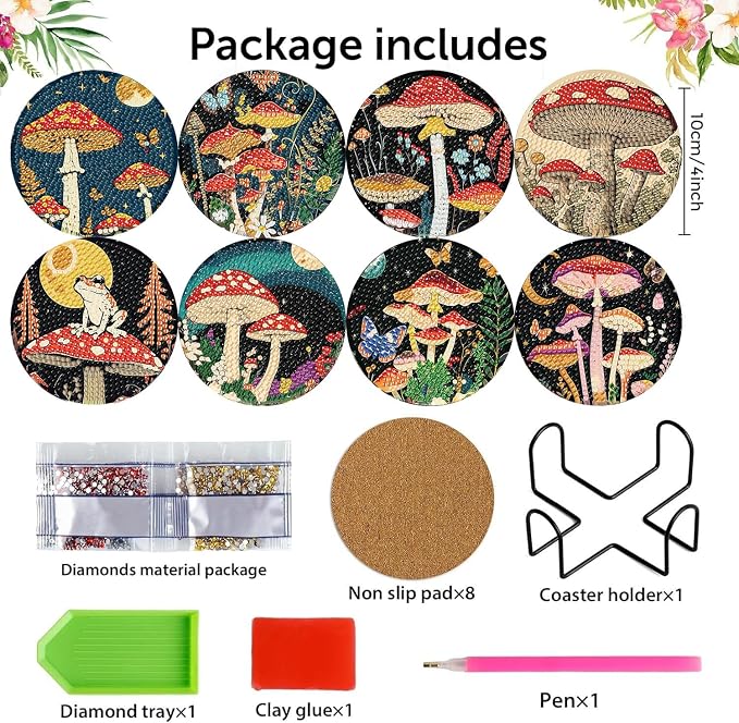 Zythron 8 Pack Diamond Art Coasters, Mushroom Diamond Painting Coasters Kits |