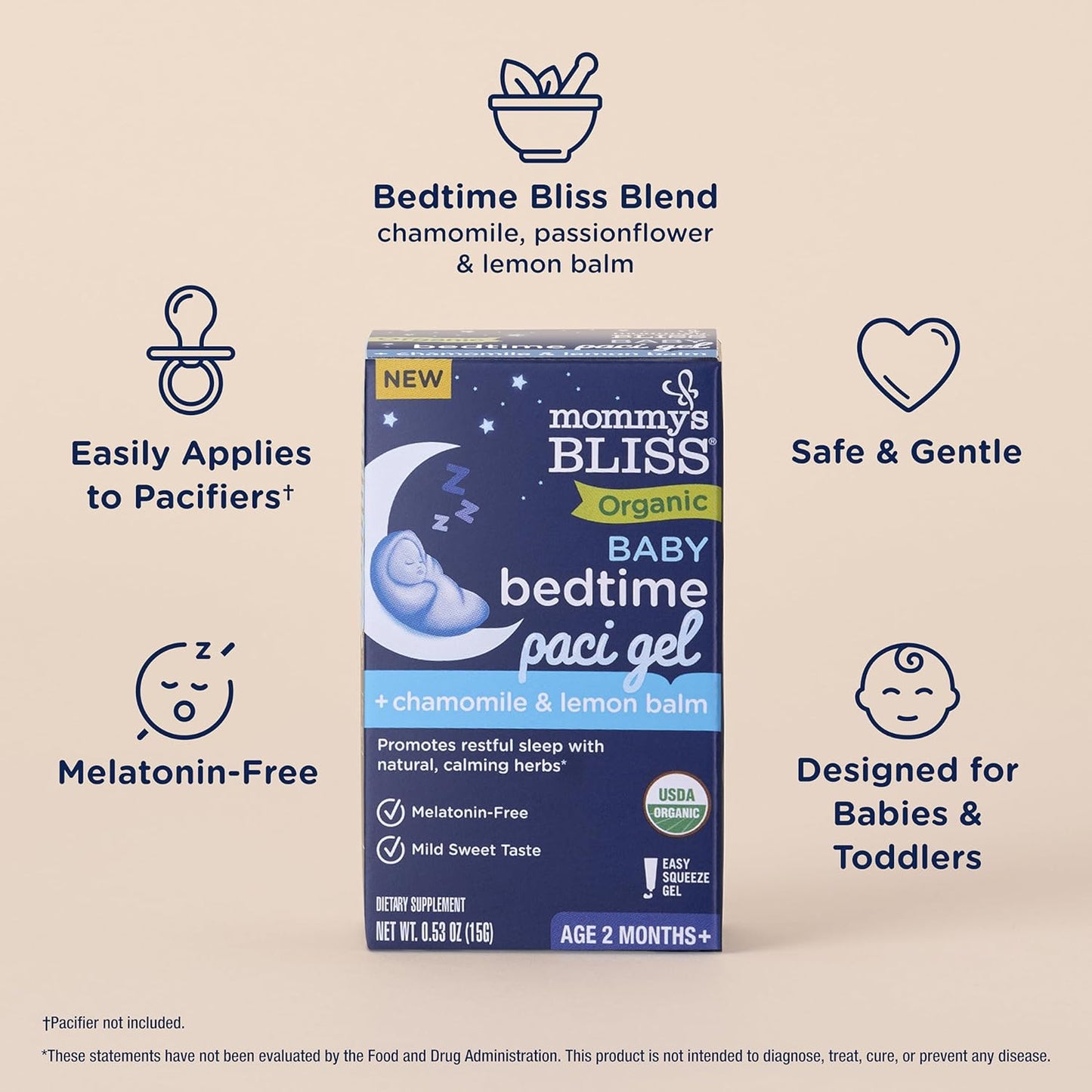 Mommy's Bliss Organic Baby Bedtime Paci Gel, Promotes Restful Sleep*, Melatonin Free, Age 2 Months+, 0.53 Fl Oz