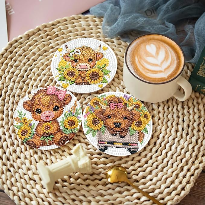 8 Pcs Cow Diamond Painting Coasters