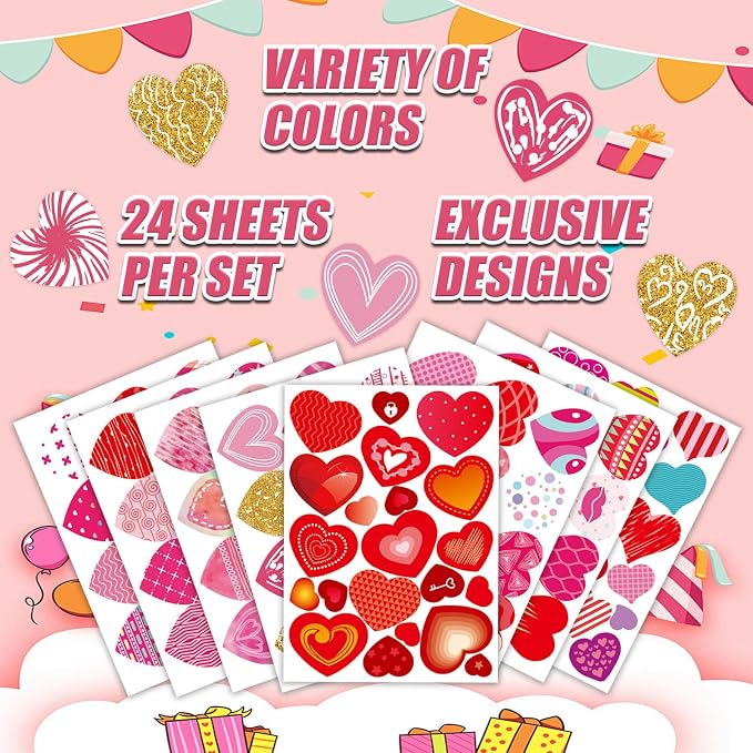 24 Sheets of Valentines Day Heart Stickers