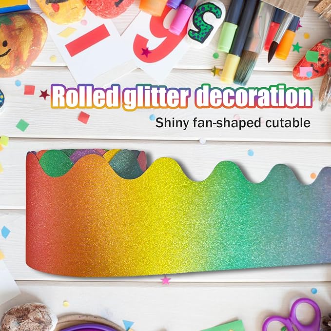 70Ft Shine Rainbow Bulletin Board Borders，Scalloped Poster Boards Decorations