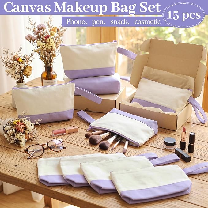 Silkfly 15 Pcs Cotton Canvas Makeup Bags Cosmetic Zipper Bags 10.2 x 5.5 x 2''