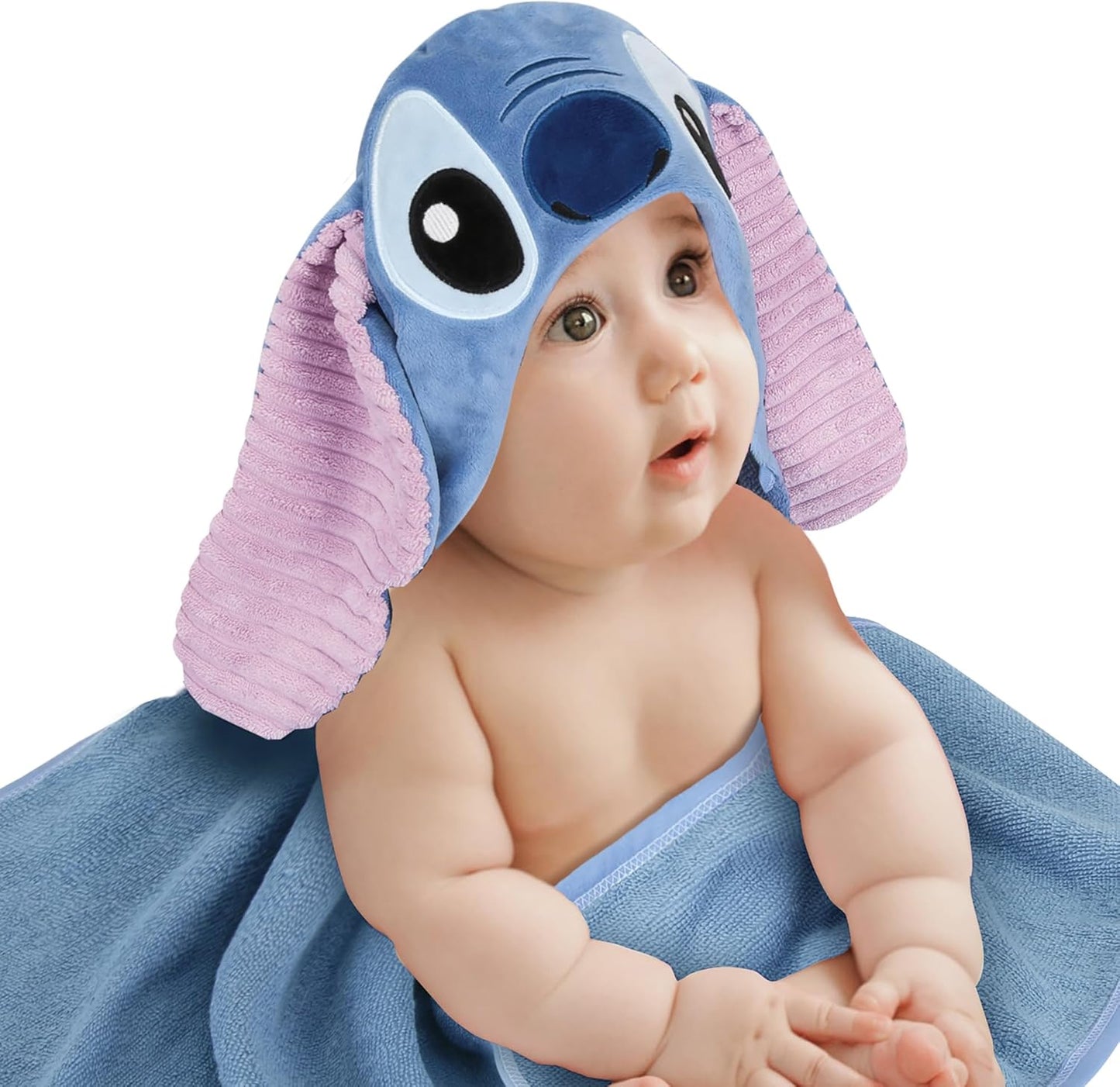 Lambs & Ivy Disney Stitch Luxury Blue Cotton Terry Hooded Baby Bath Towel