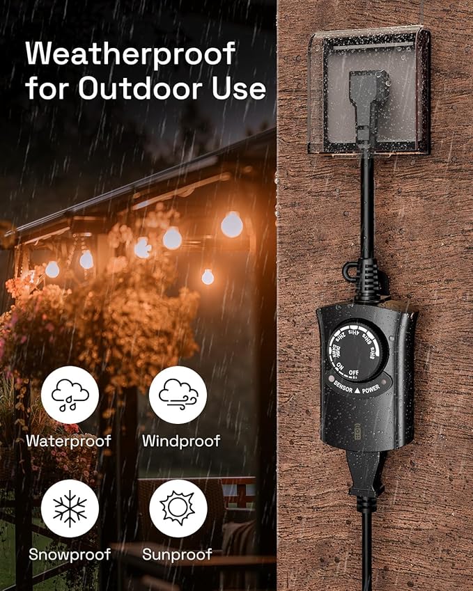 HBN Outdoor Light Timer with Remote Control, Waterproof Light Sensor Timer, 100 ft Wireless Range, 1 Grounded Outlet for Christmas Lights, 15A 1/2HP Heavy Duty