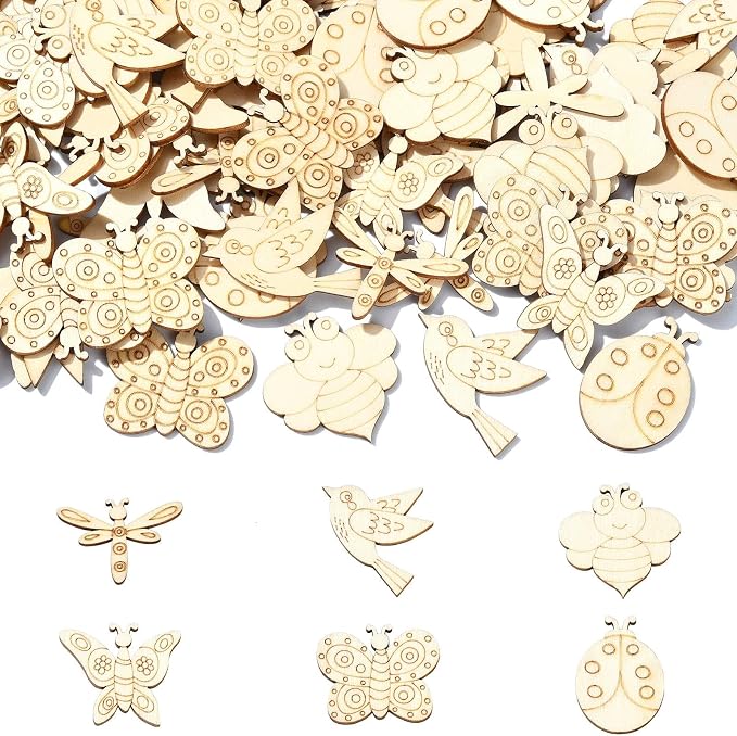 200 Pcs Unfinished Wooden Cutouts Insect Butterfly Bird Shapes Wooden Craft