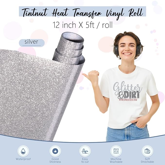 Tintnut Silver Glitter Heat Transfer Vinyl Roll, easy cut & weed, stretch