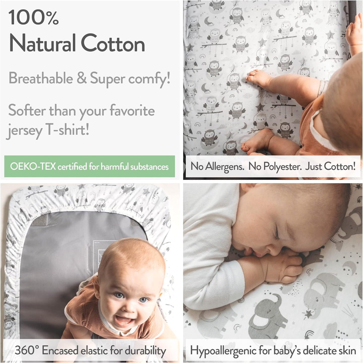 Bassinet Fitted Sheets for Baby Beside Dreamer Bassinet & Bedside Sleeper – Snuggly Soft 100% Jersey Cotton – 2 Pack – Grey Elephants, Cloud, Stars, Moon, Owl