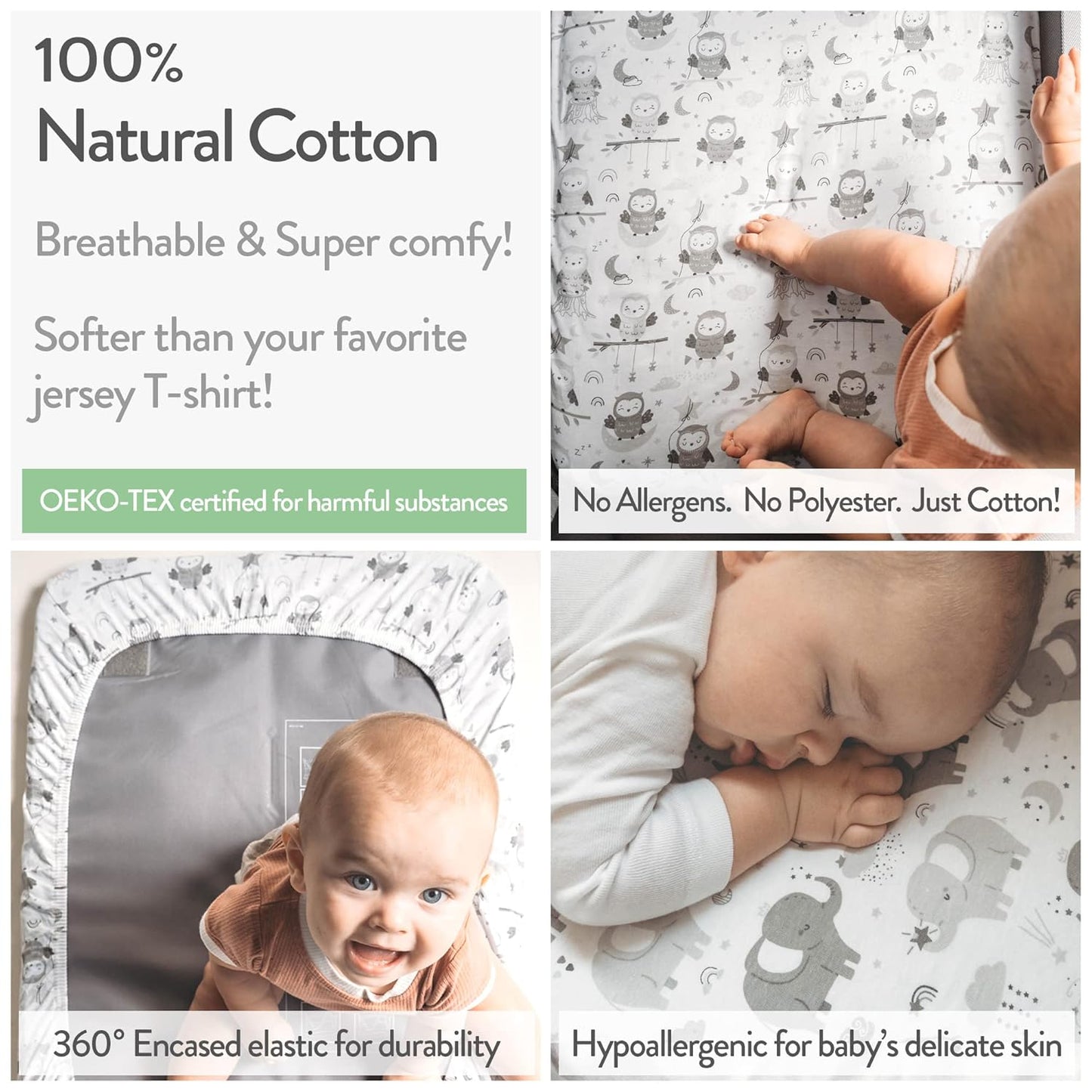 Changing Pad Covers for Baby Diaper Changing Table Pad – Neutral for Boys and Girls 100% Jersey Cotton Sheets – Grey White Elephant, Star, Cloud, Moon, Owl – 2 Pack