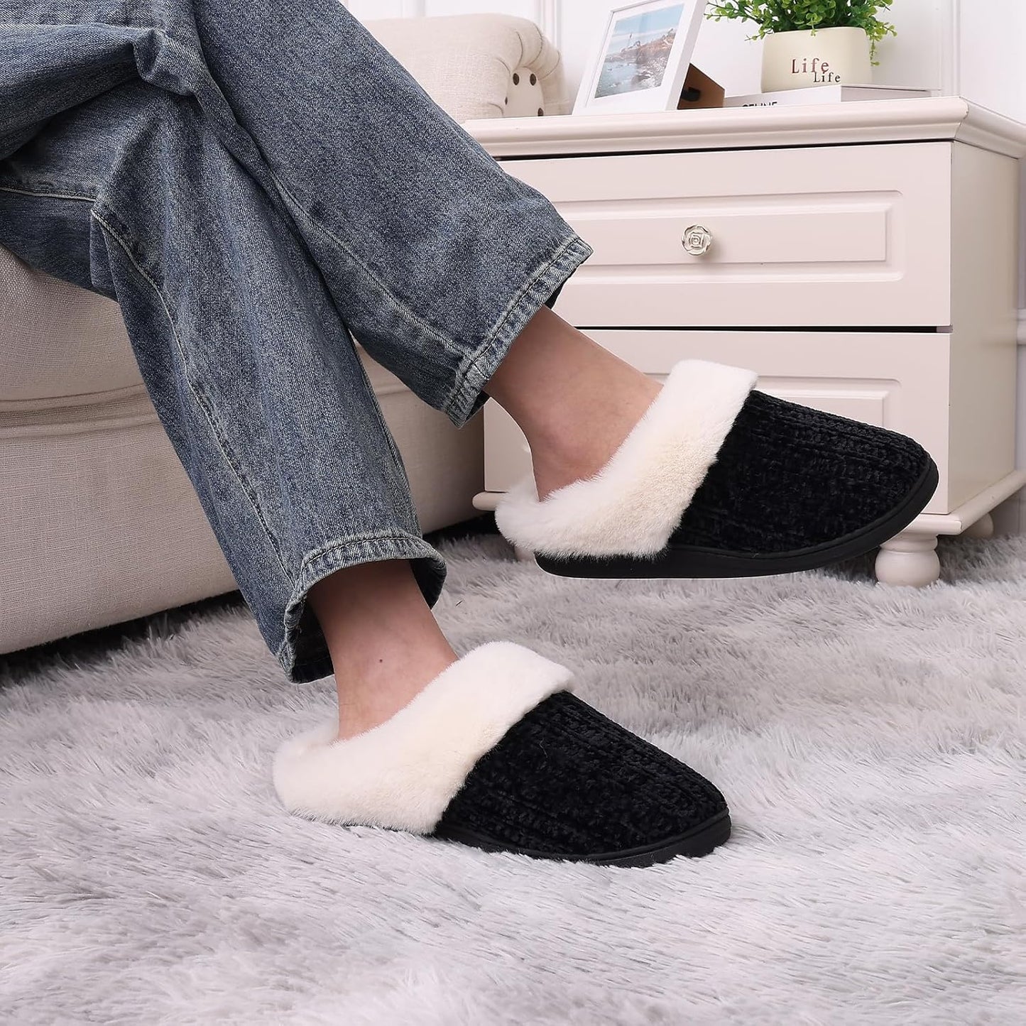 Evshine Warm Knit House Slippers for Women Comfy Wool-Like Lined Chenille Slippers with Memory Foam and Indoor Outdoor Soles