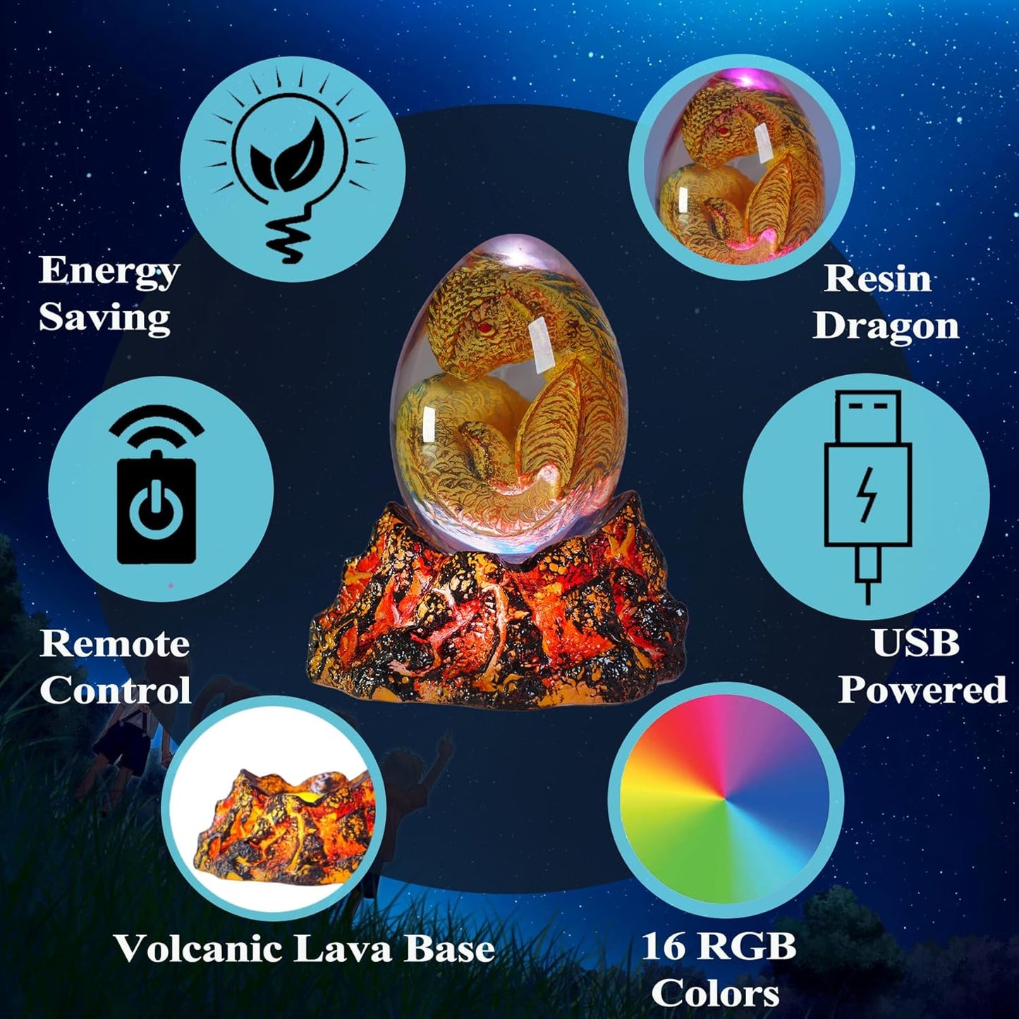 Dragon Night Light, Resin Dragons Lamp with Upgraded Volcanic Lava Base, Remote 16 Colors Flshing RGB Dimmmable for Birthday Xmas Cool Figurines Dragon Gifts for Room Decor Boys Girls