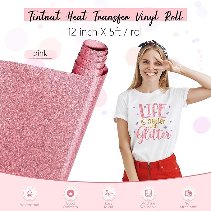 Tintnut Pink Glitter Heat Transfer Vinyl Roll, easy cut & weed, stretch washable