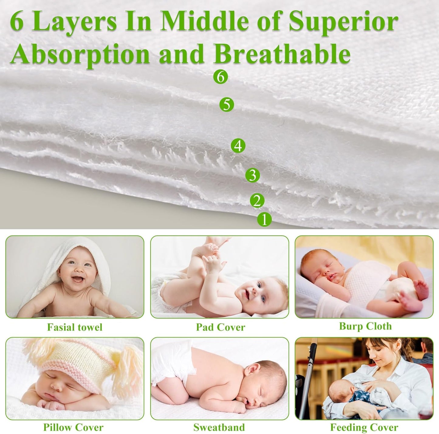 Cotton Prefold Cloth Diapers -Fasoar 6 Ply Baby Washable Cloth Diaper Covers for Babies to Toddlers Multi-Use (19.5''-14'', Count, 10)