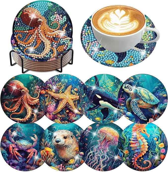 8 Pack Diamond Art Coasters, Ocean animal Diamond Painting Coasters Kits |